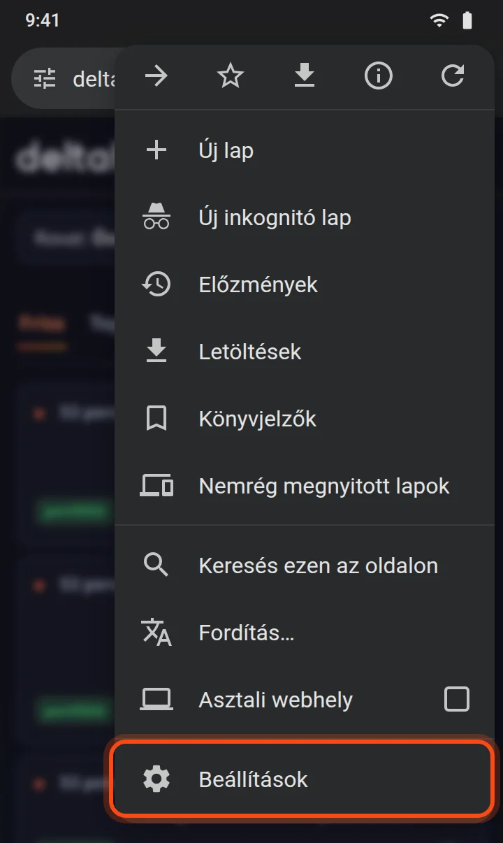A Chrome menüje Androidon, kiemelve a Beállítások pont.