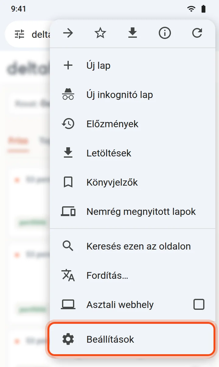 A Chrome menüje Androidon, kiemelve a Beállítások pont.