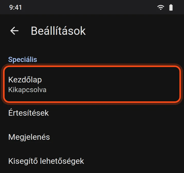 A Chrome beállításai Androidon, a Speciális részben kiemelve a Kezdőlap pont.