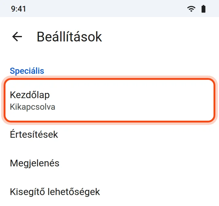 A Chrome beállításai Androidon, a Speciális részben kiemelve a Kezdőlap pont.