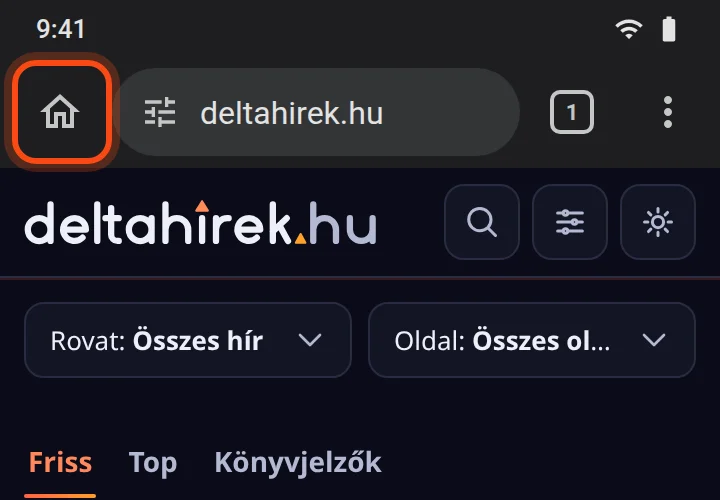 A Chrome eszköztára Androidon, kiemelve a házikó ikon, alatta a megnyitott deltahirek.hu.