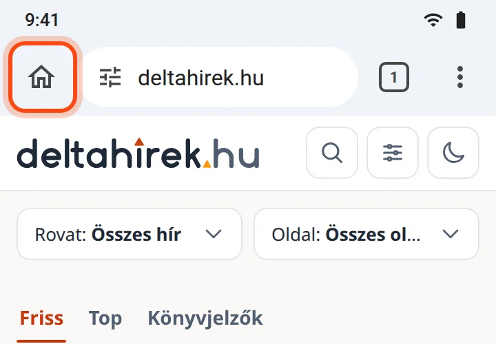 A Chrome eszköztára Androidon, kiemelve a házikó ikon, alatta a megnyitott deltahirek.hu.