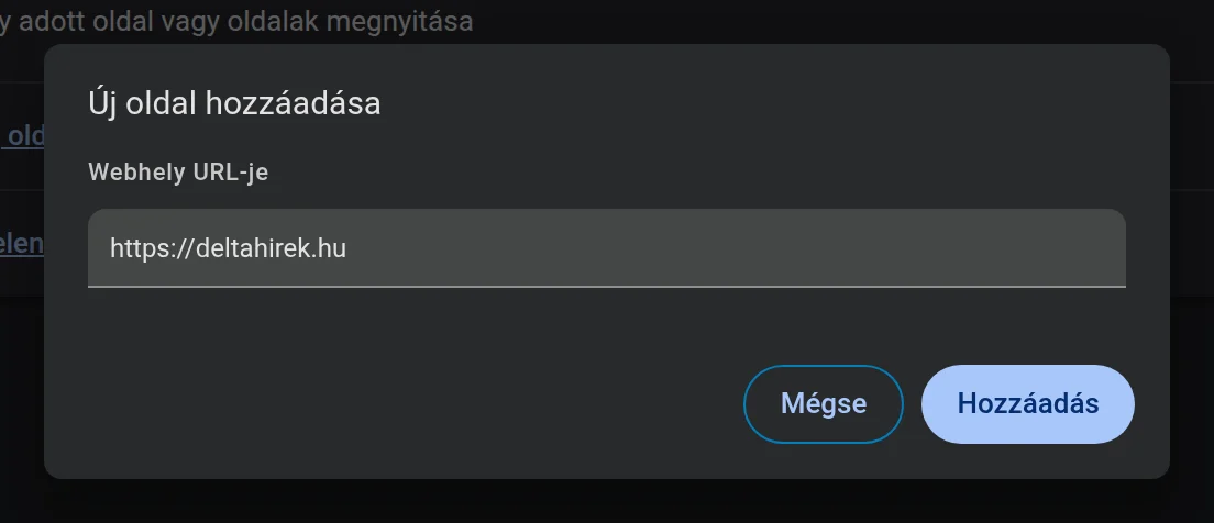 Az „Új oldal hozzáadása” ablak, a Webhely URL-je mezőben a https://deltahirek.hu címmel.