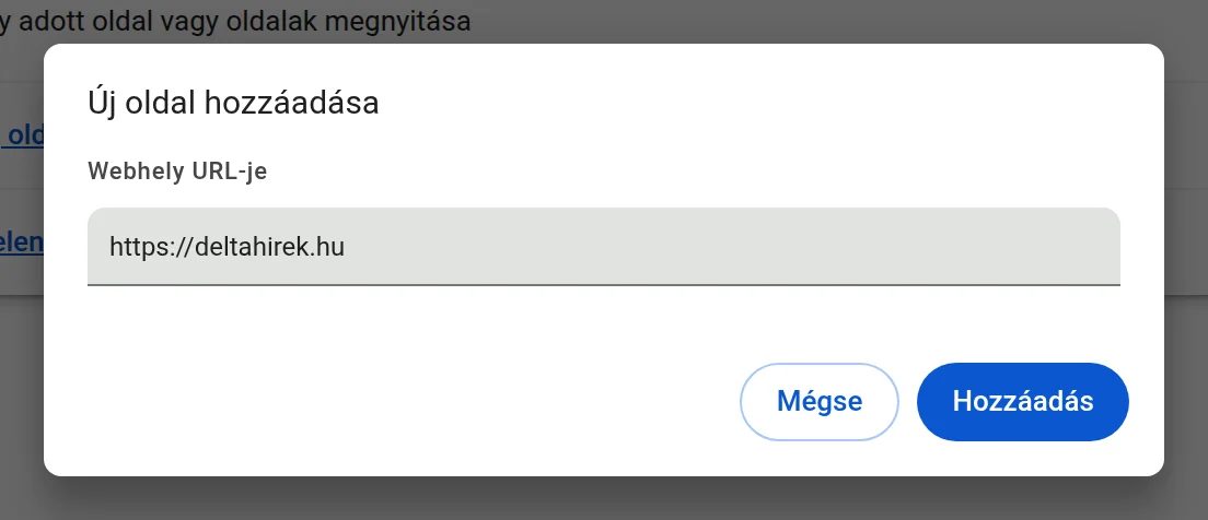 Az „Új oldal hozzáadása” ablak, a Webhely URL-je mezőben a https://deltahirek.hu címmel.