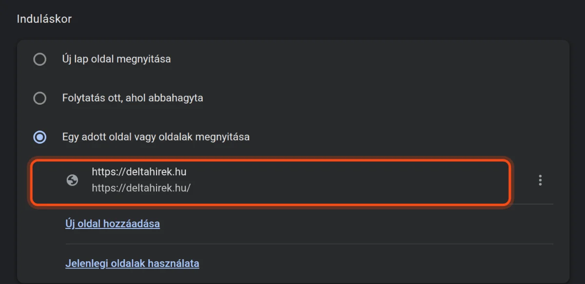 Az Induláskor beállítás a hozzáadott https://deltahirek.hu oldallal.