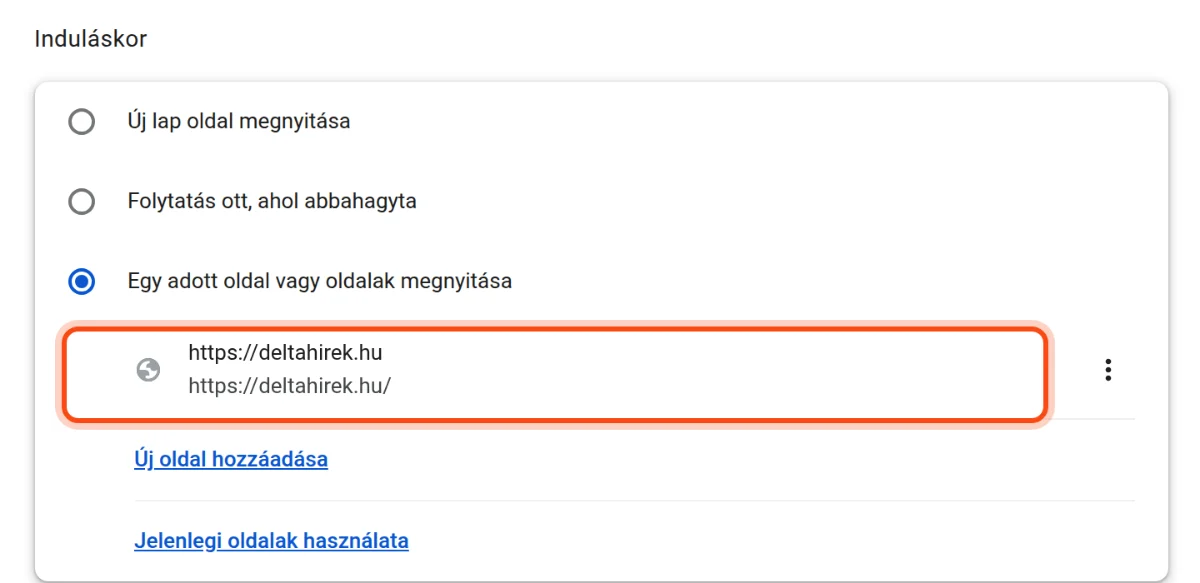 Az Induláskor beállítás a hozzáadott https://deltahirek.hu oldallal.
