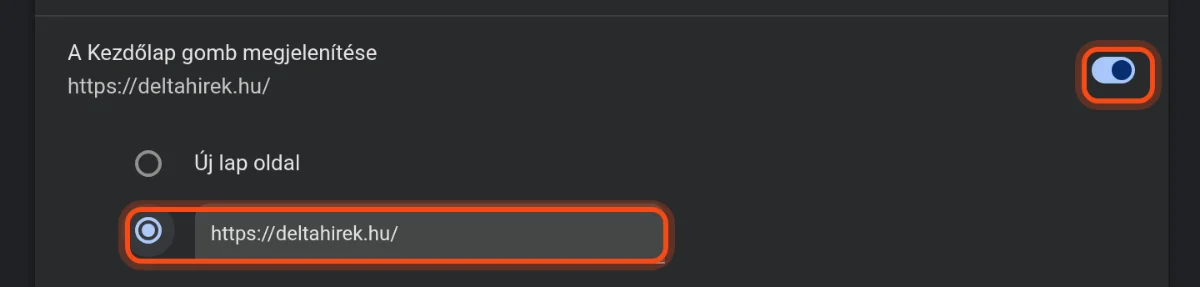 A Chrome Megjelenés beállítása: bekapcsolt Kezdőlap gomb, egyéni címként a https://deltahirek.hu.